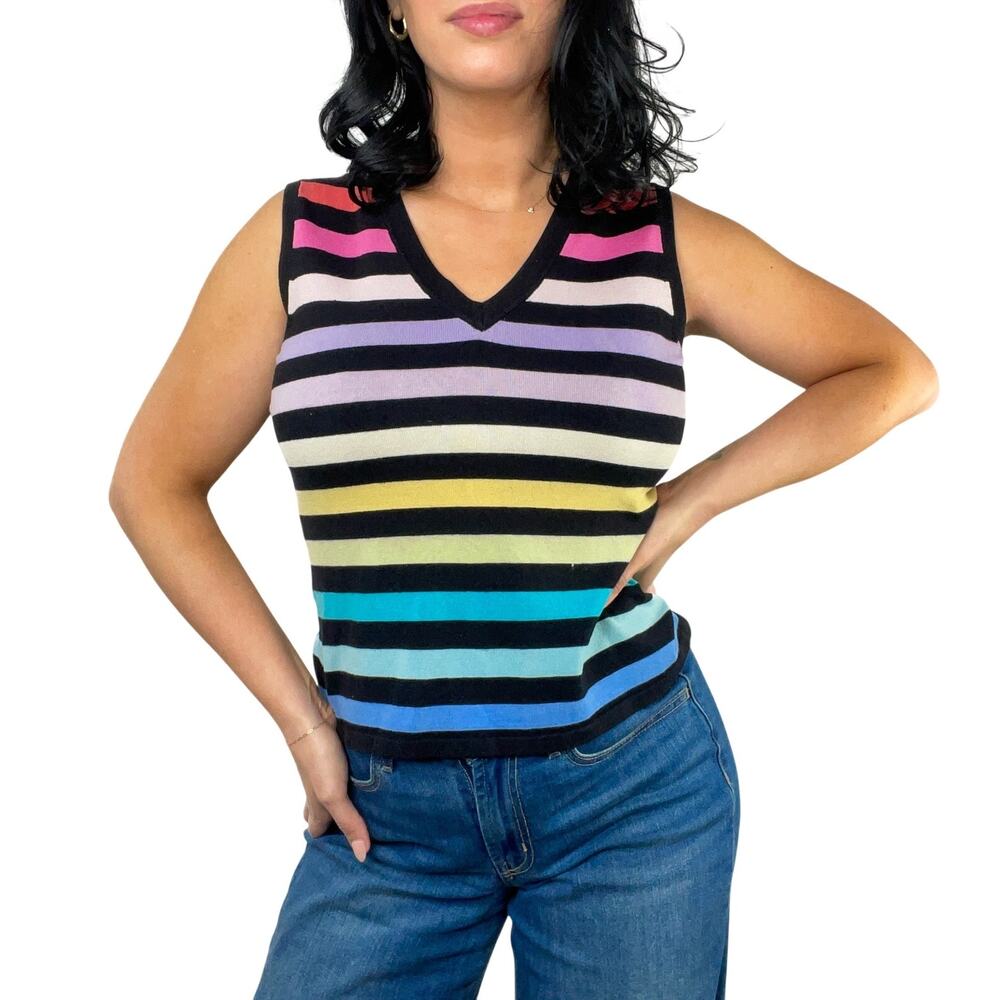 City Silk 1990s Vintage Rainbow Striped Sleeveless Knit Shirt Tank Top Medium